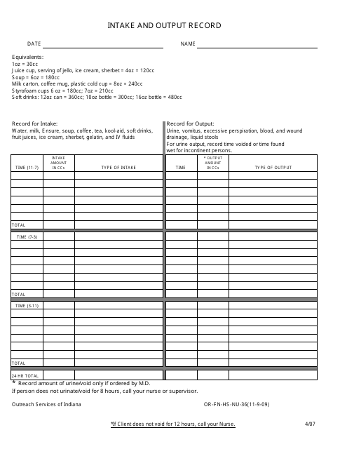 Form OR-FN-HS-NU-36 Patient Intake and Output Record - Indiana