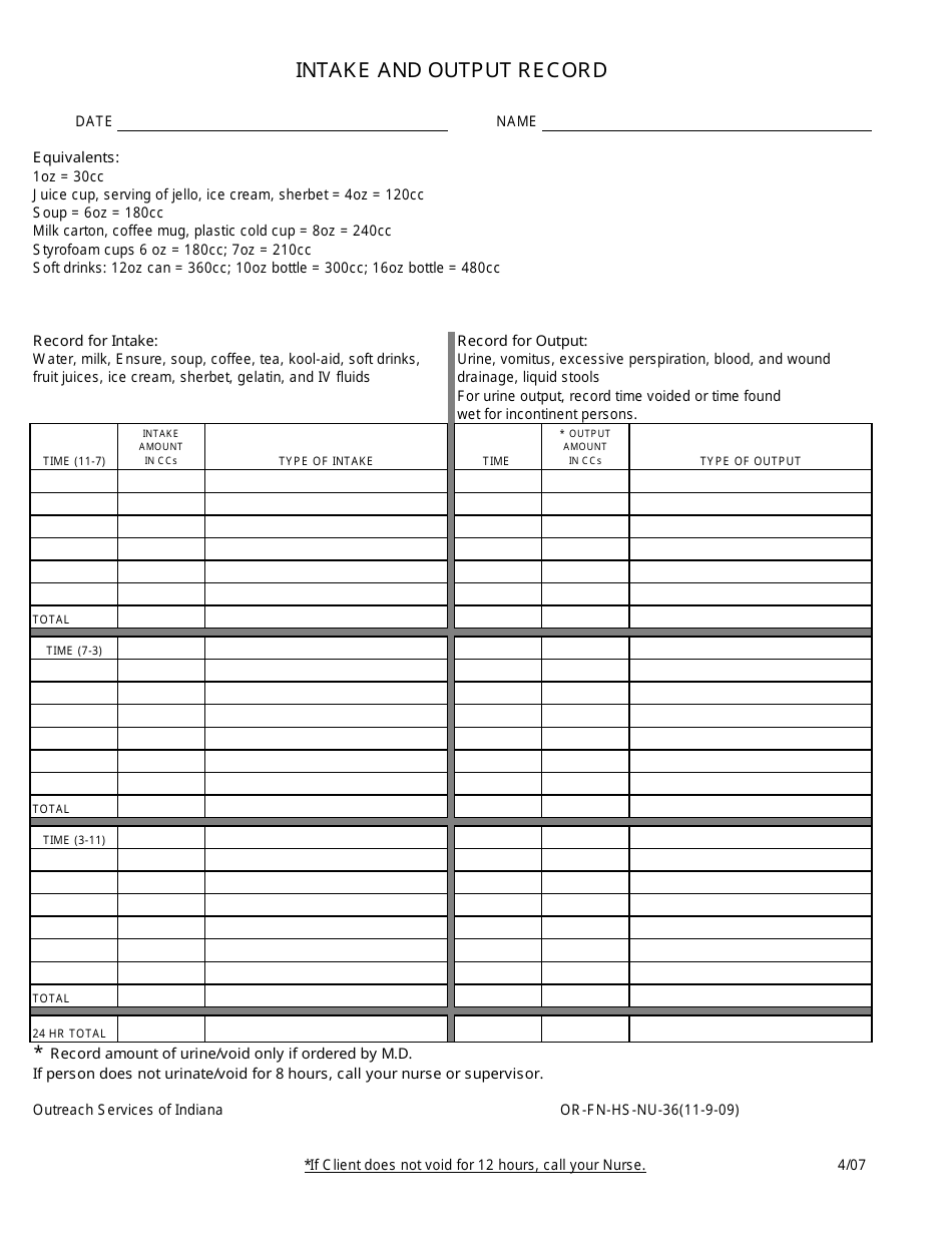 Form OR-FN-HS-NU-36 Patient Intake and Output Record - Indiana, Page 1
