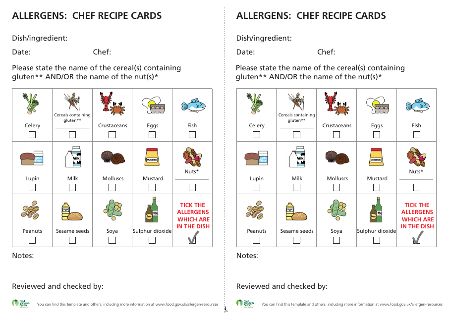Allergens: Chef Recipe Cards - United Kingdom