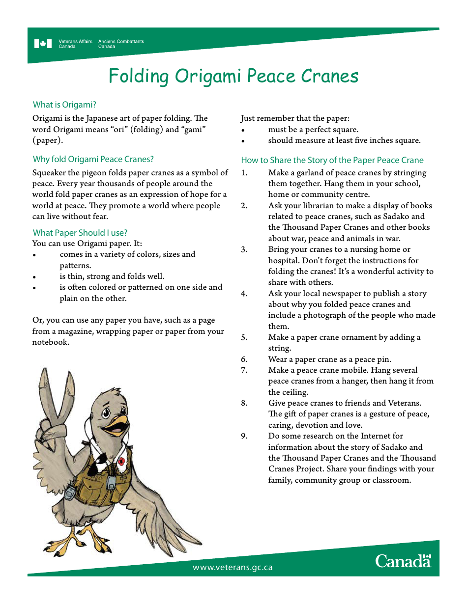 Origami Peace Crane Folding Guide - Canada, Page 1