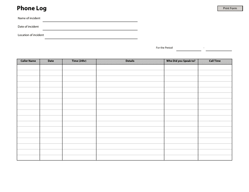 Phone Log Template Image Preview
