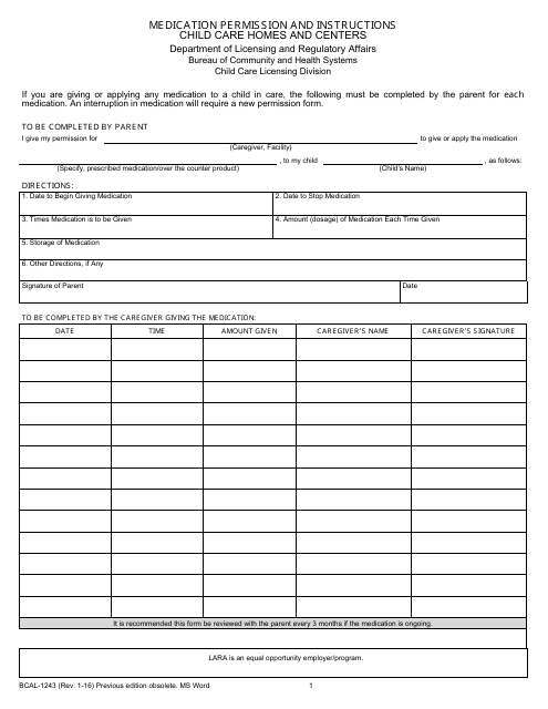 Form BCAL-1243 Medication Permission and Instructions - Michigan