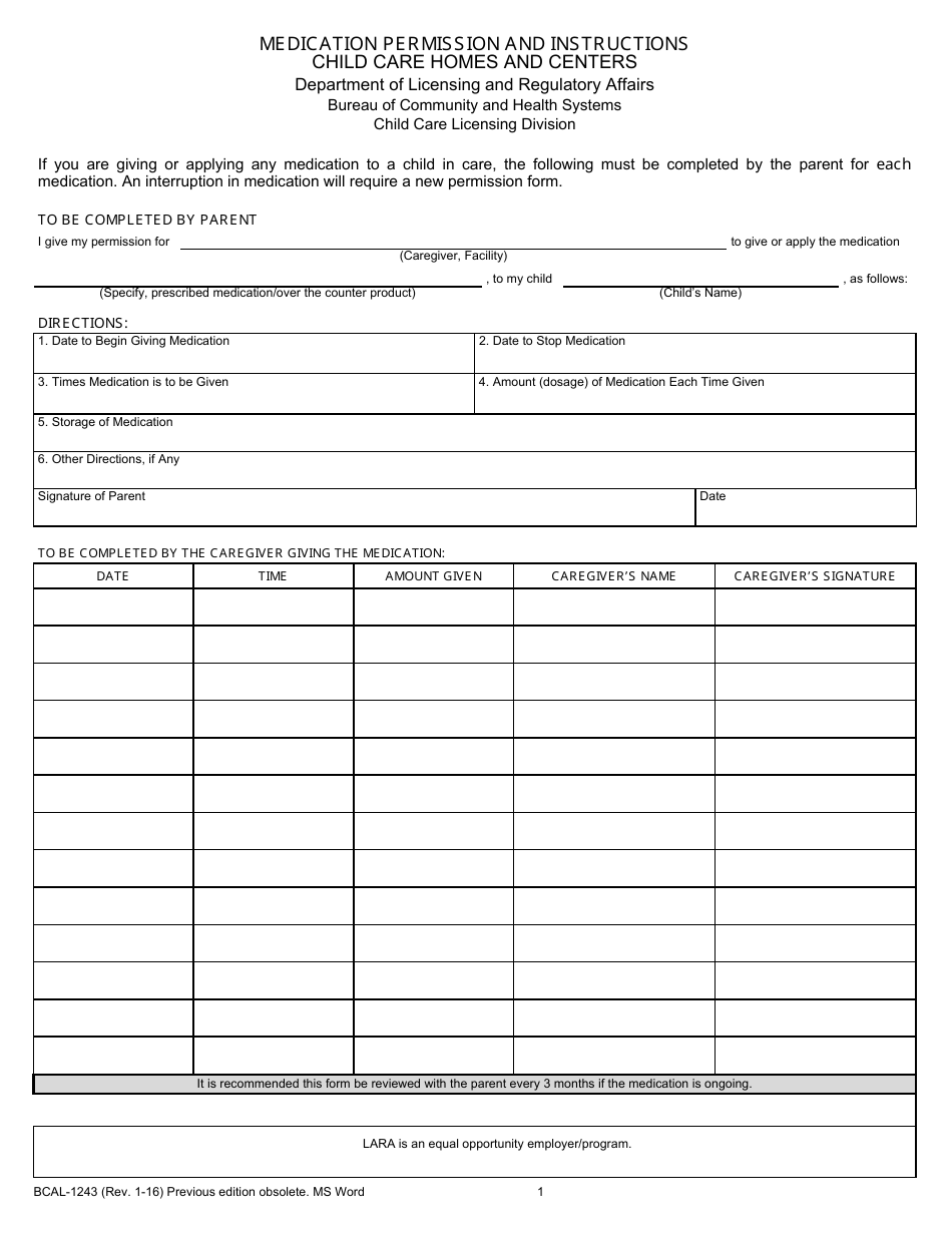 Form BCAL-1243 Medication Permission and Instructions - Michigan, Page 1