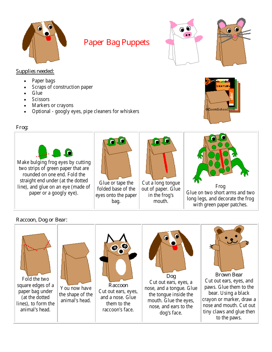 Adorable paper bag animal puppets with simple design and vibrant colors.