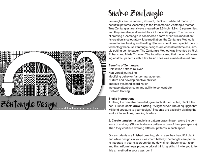 Snake Zentangle Template - Free PDF Document