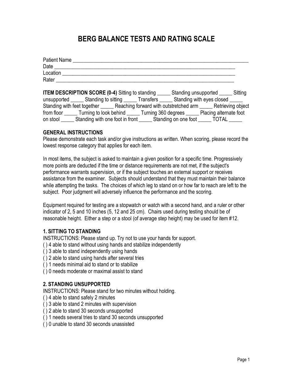 Berg Balance Tests and Rating Scale master template - Preview image
