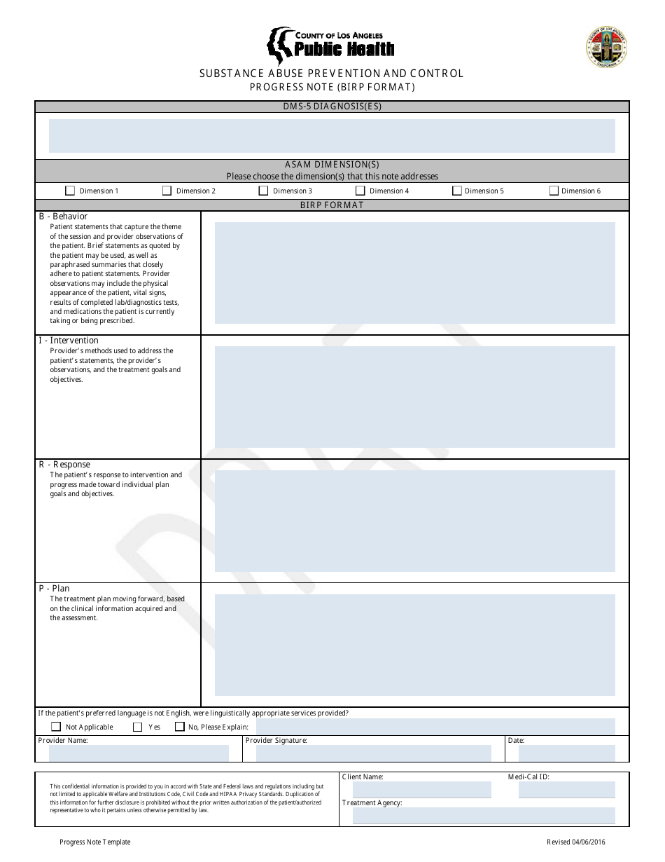 Substance Abuse Prevention and Control Progress Note (Soap Format) - County of Los Angeles, California, Page 4