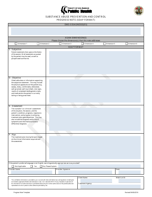 Substance Abuse Prevention and Control Progress Note (Soap Format) - County of Los Angeles, California