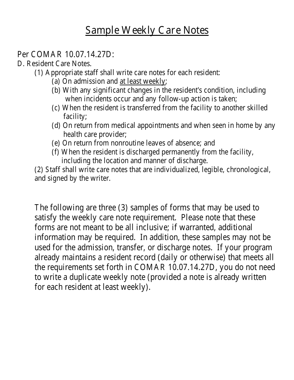 Assisted Living Sample Weekly Care Notes Download Printable PDF ...