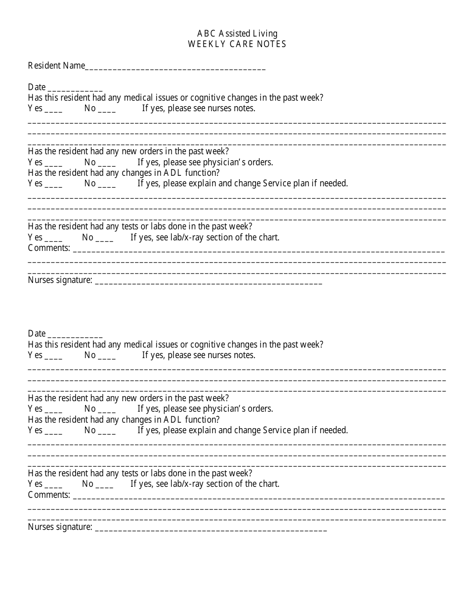 Assisted Living Sample Weekly Care Notes, Page 2