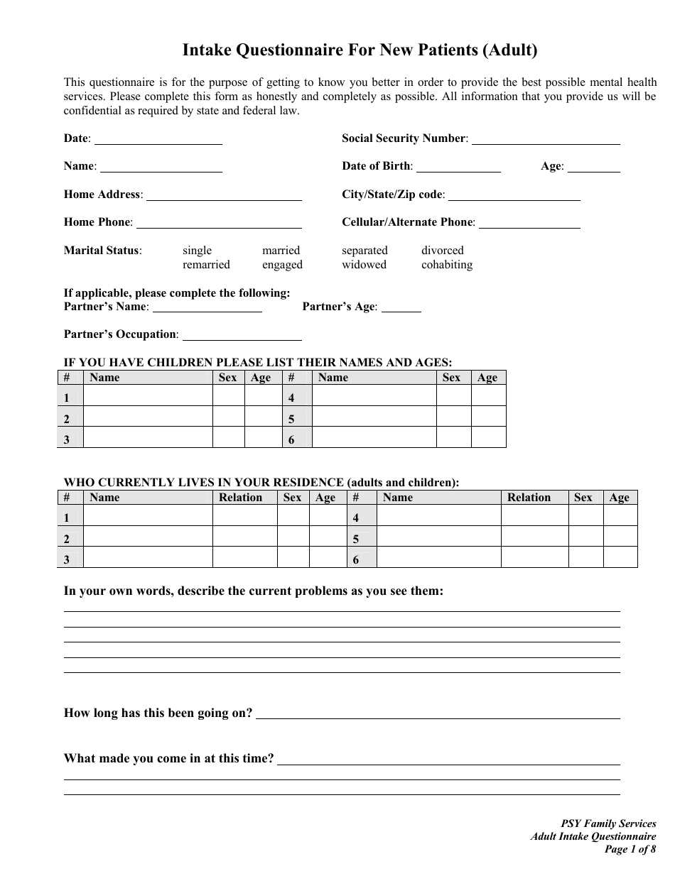 Intake Questionnaire for New Patients (Adult) - Fill Out, Sign Online ...