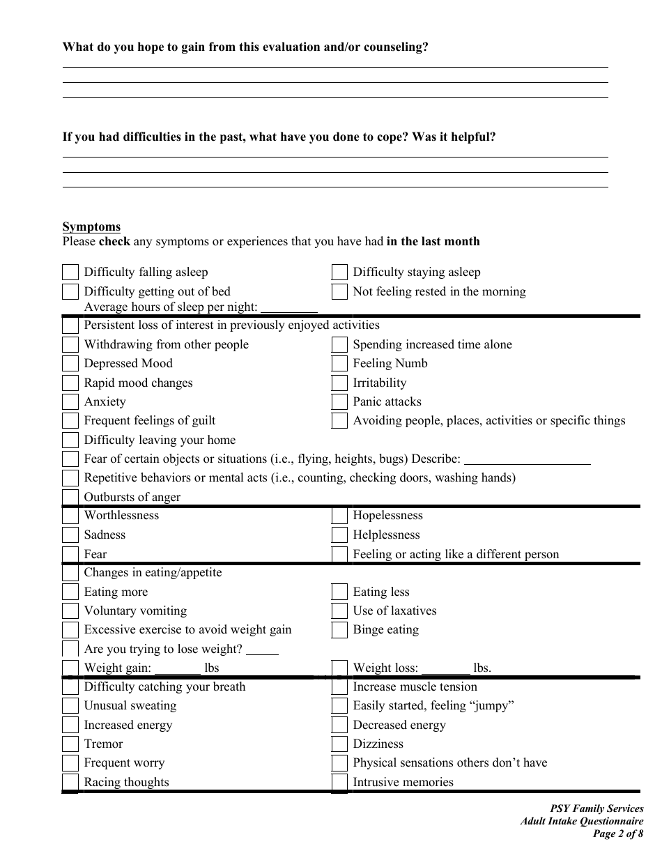 Intake Questionnaire for New Patients (Adult), Page 2