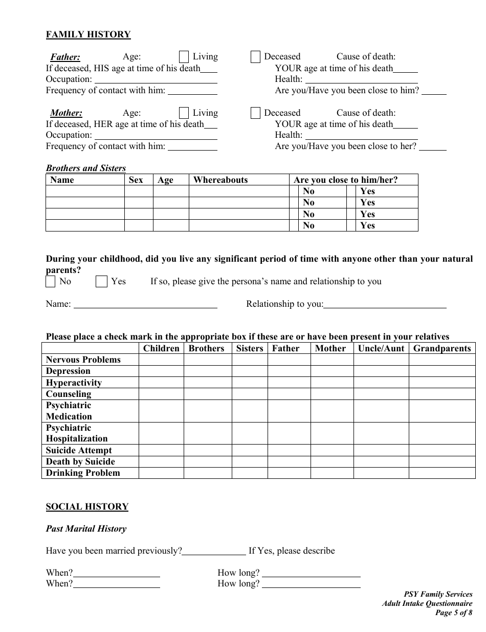 Intake Questionnaire for New Patients (Adult), Page 5