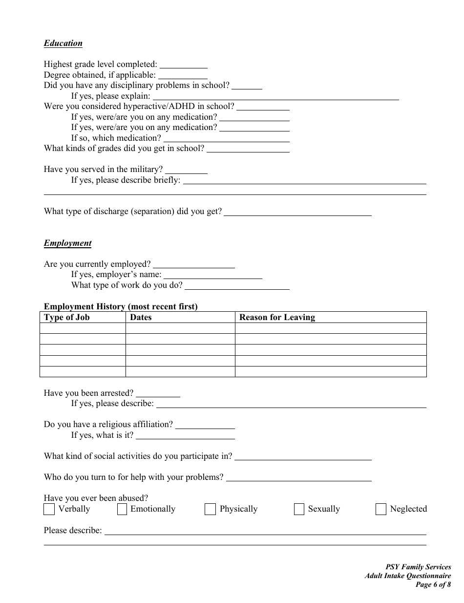 Intake Questionnaire for New Patients (Adult), Page 6