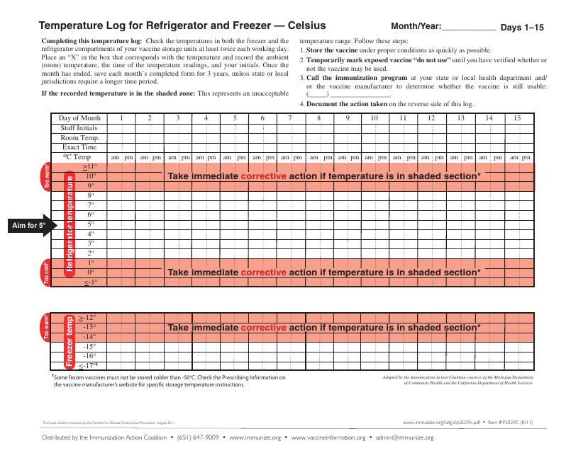 Temperature Log for Refrigerator and Freezer - Celsius