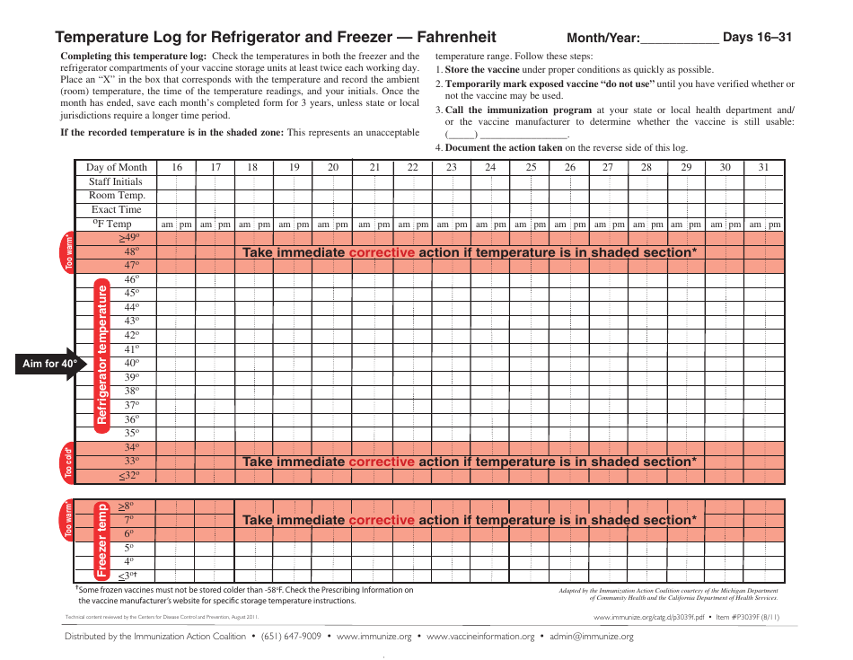 Temperature Log for Refrigerator and Freezer - Fahrenheit, Page 3
