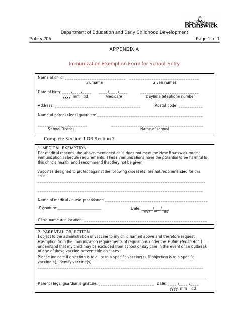 Appendix A Immunization Exemption Form for School Entry - Policy 706 - New Brunswick, Canada