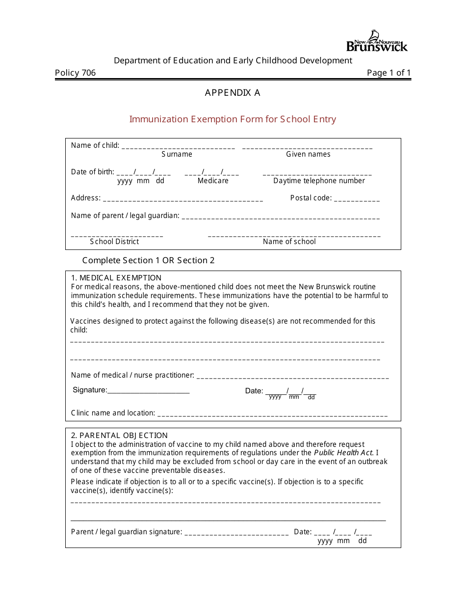 Appendix A Immunization Exemption Form for School Entry - Policy 706 - New Brunswick, Canada, Page 1