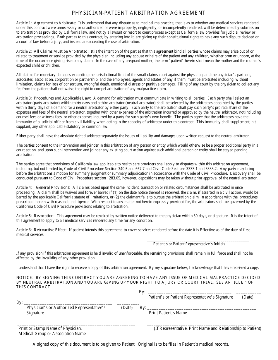 Physician-Patient Arbitration Agreement, Page 1