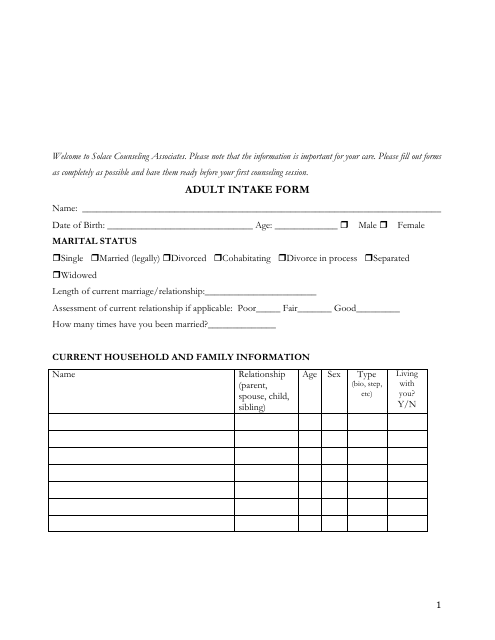 Adult Intake Form - Patient Download Pdf
