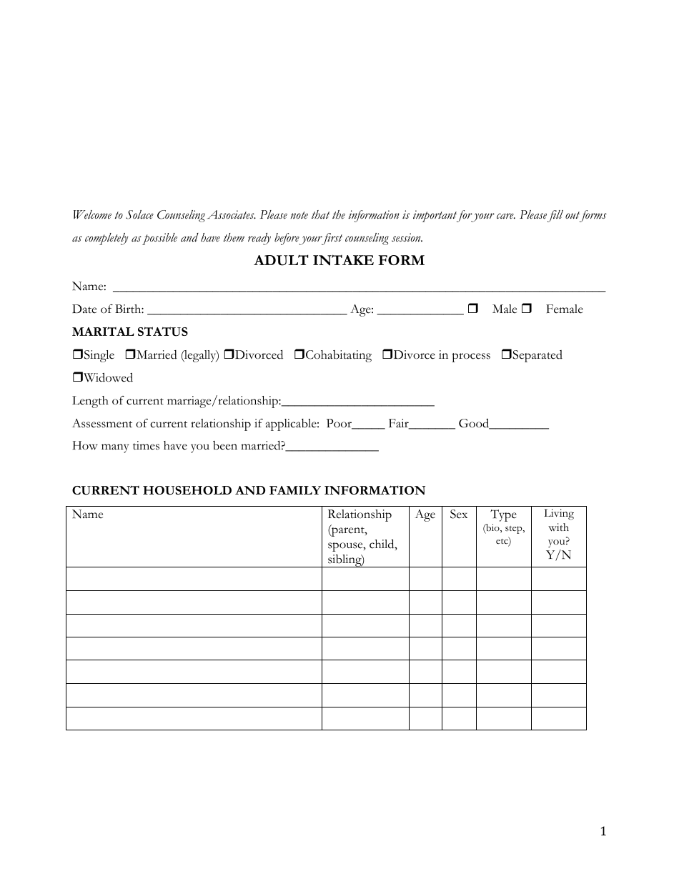 Adult Intake Form - Patient, Page 1