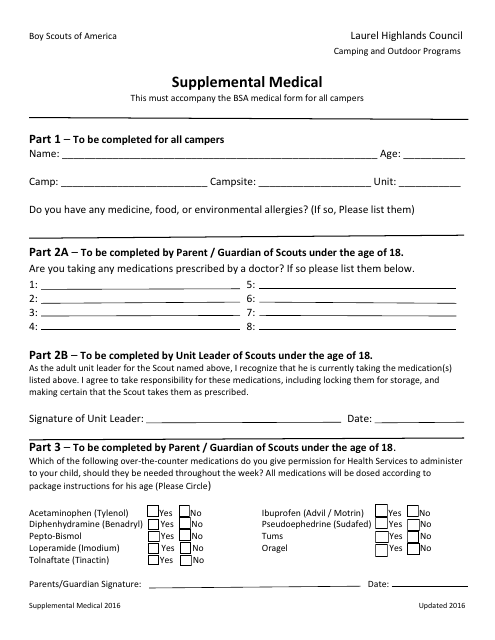 Supplemental Medical Form - Boy Scouts of America Download Pdf