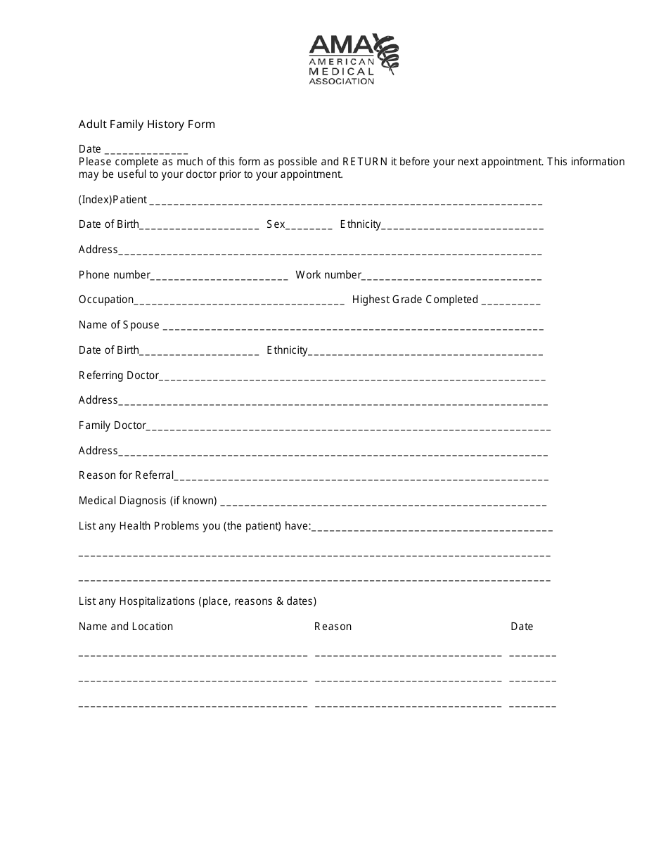 Adult Family History Form, Page 1