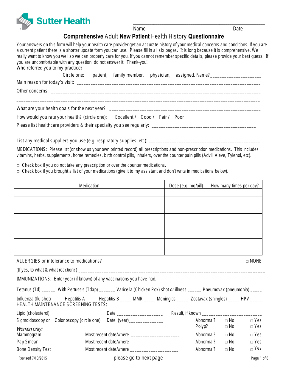 Comprehensive Adult New Patient Health History Questionnaire, Page 1