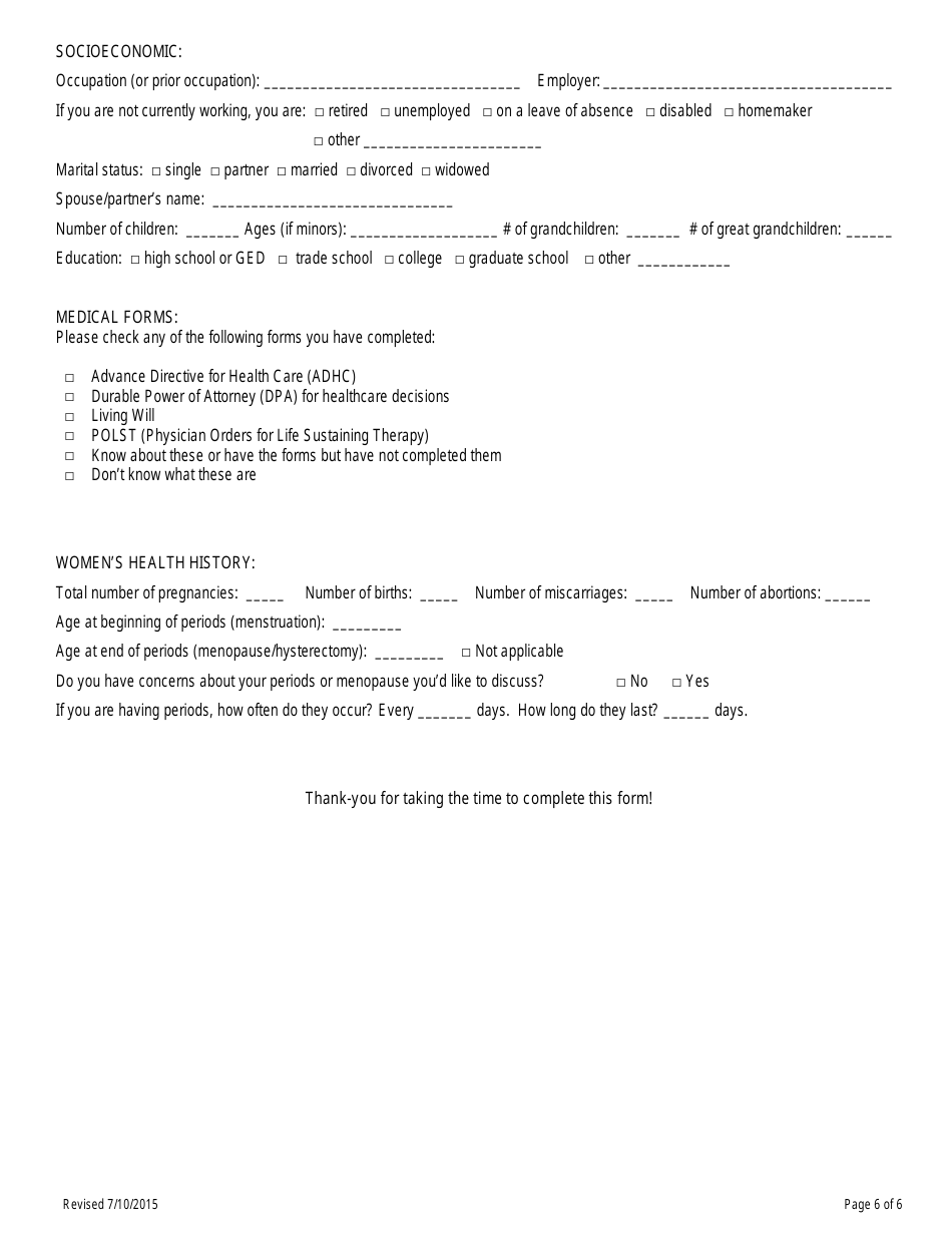 Comprehensive Adult New Patient Health History Questionnaire Fill Out