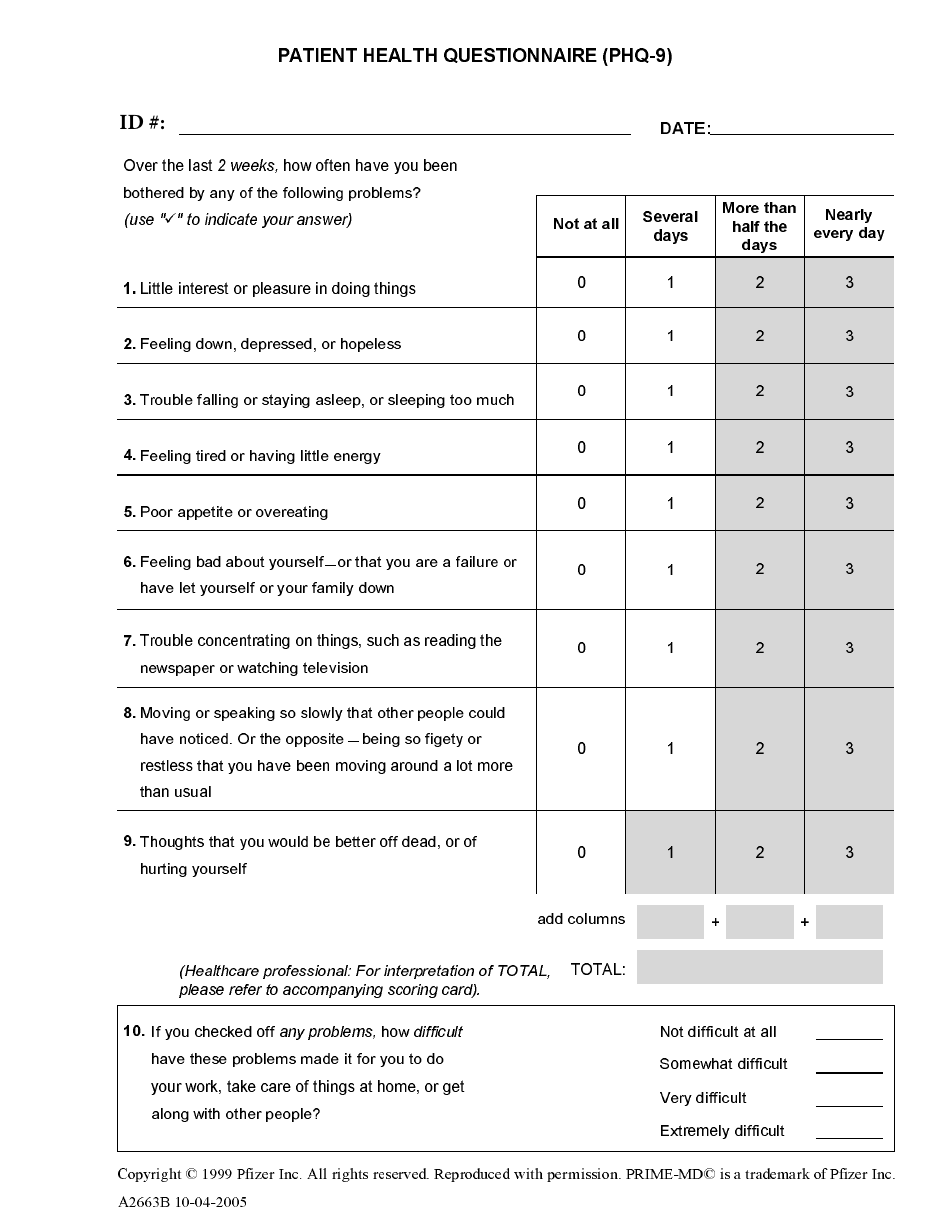 Patient Health Questionnaire (PHQ-9) - Pfizer Inc. Image Preview