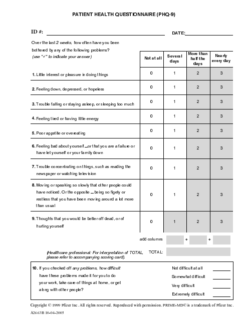 Patient Health Questionnaire (Phq-9) - With Depression Questionnaire