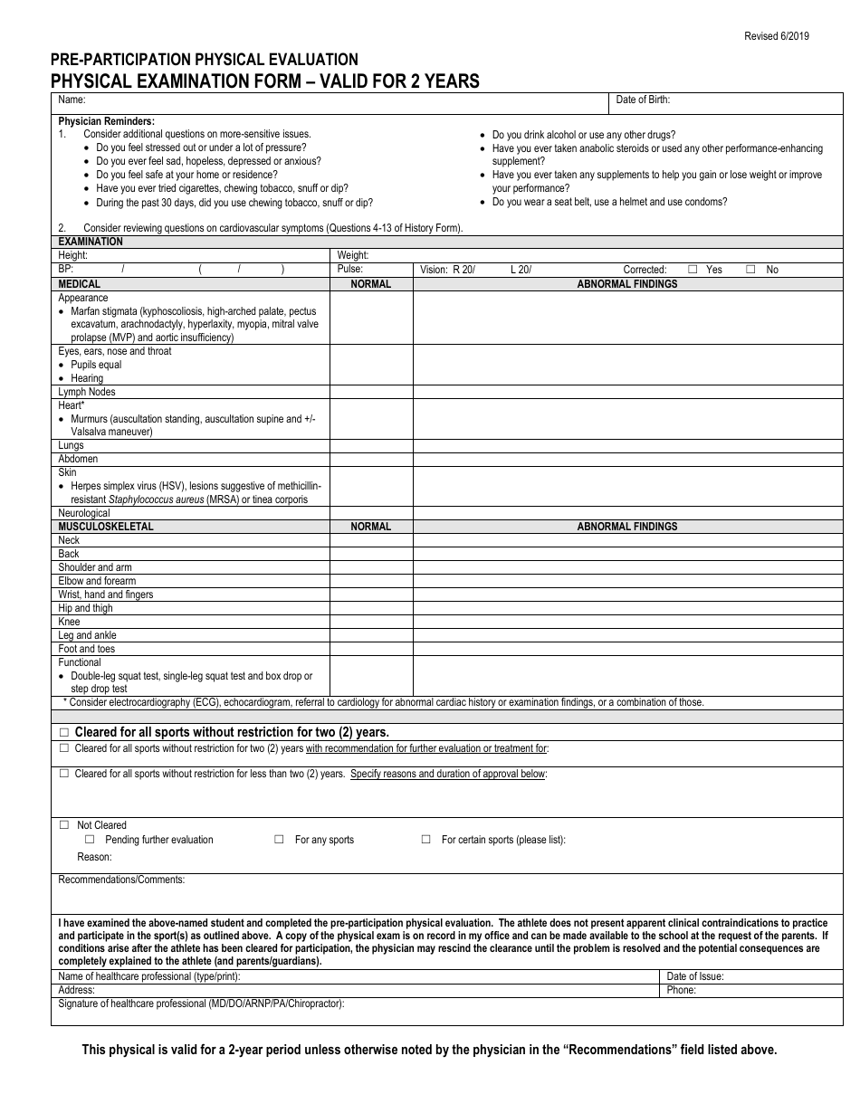 Pre-participation Physical Examination Form, Page 1
