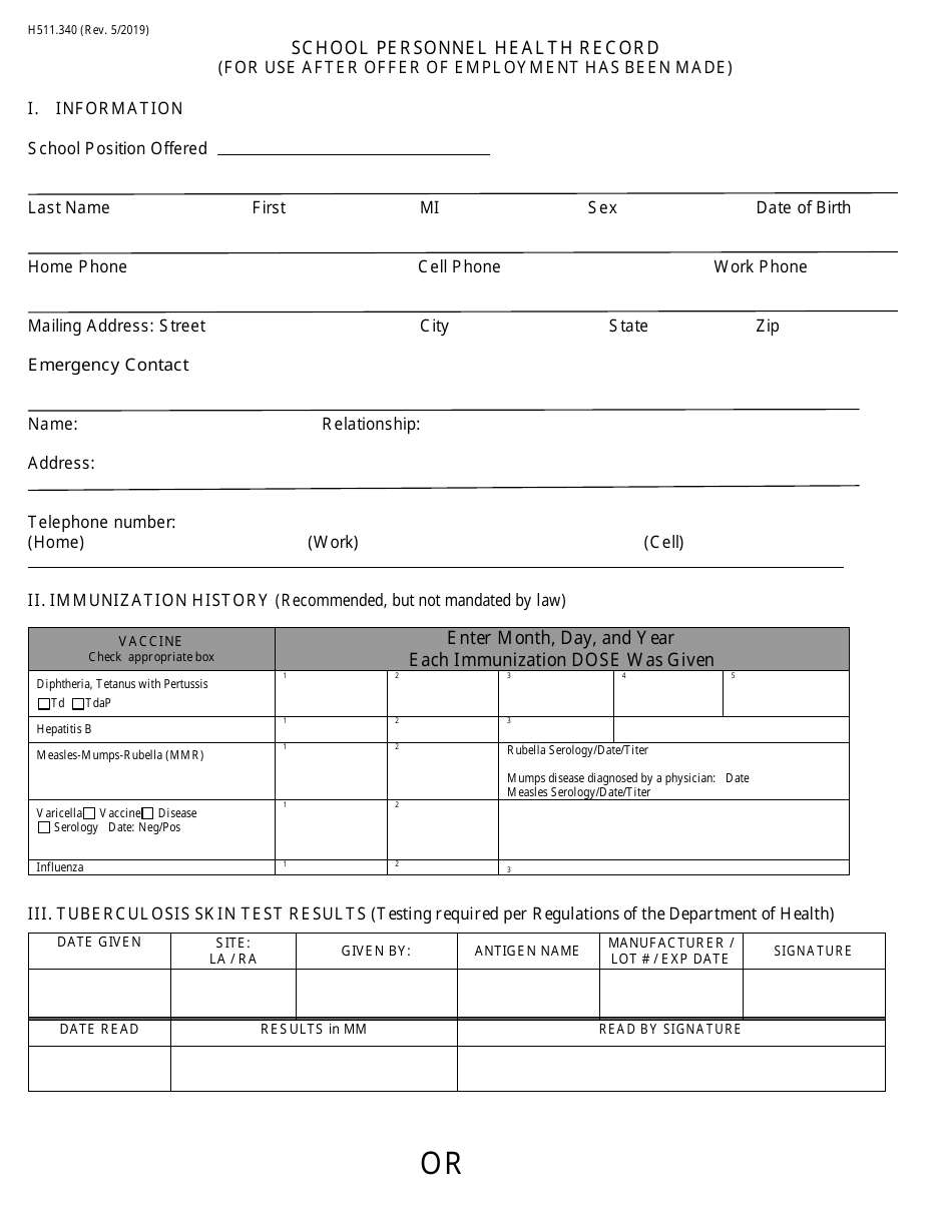 Form H511.340 School Personnel Health Record - Pennsylvania, Page 1
