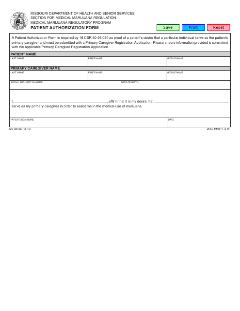 Form MO580-3271 Patient Authorization Form - Medical Marijuana Regulatory Program - Missouri