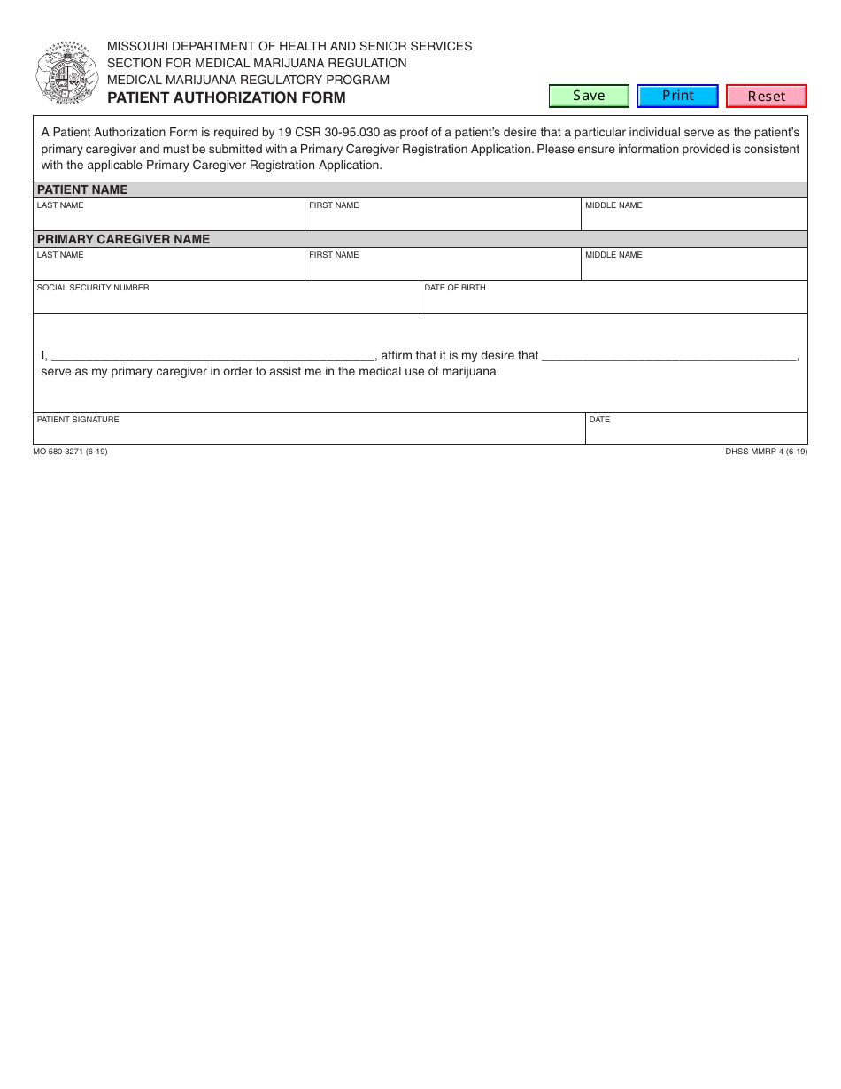 Form MO580-3271 Patient Authorization Form - Medical Marijuana Regulatory Program - Missouri, Page 1