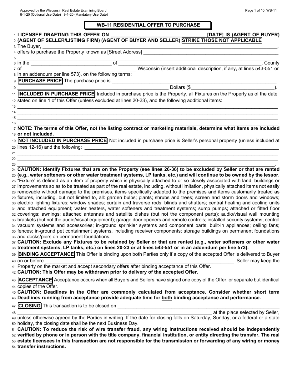 Form WB-11 Residential Offer to Purchase - Wisconsin, Page 1
