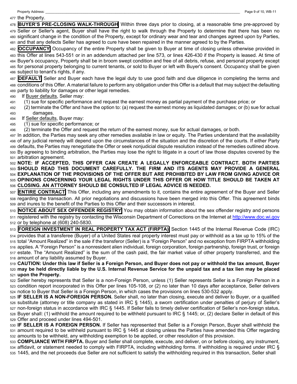 Form WB-11 Residential Offer to Purchase - Wisconsin, Page 9