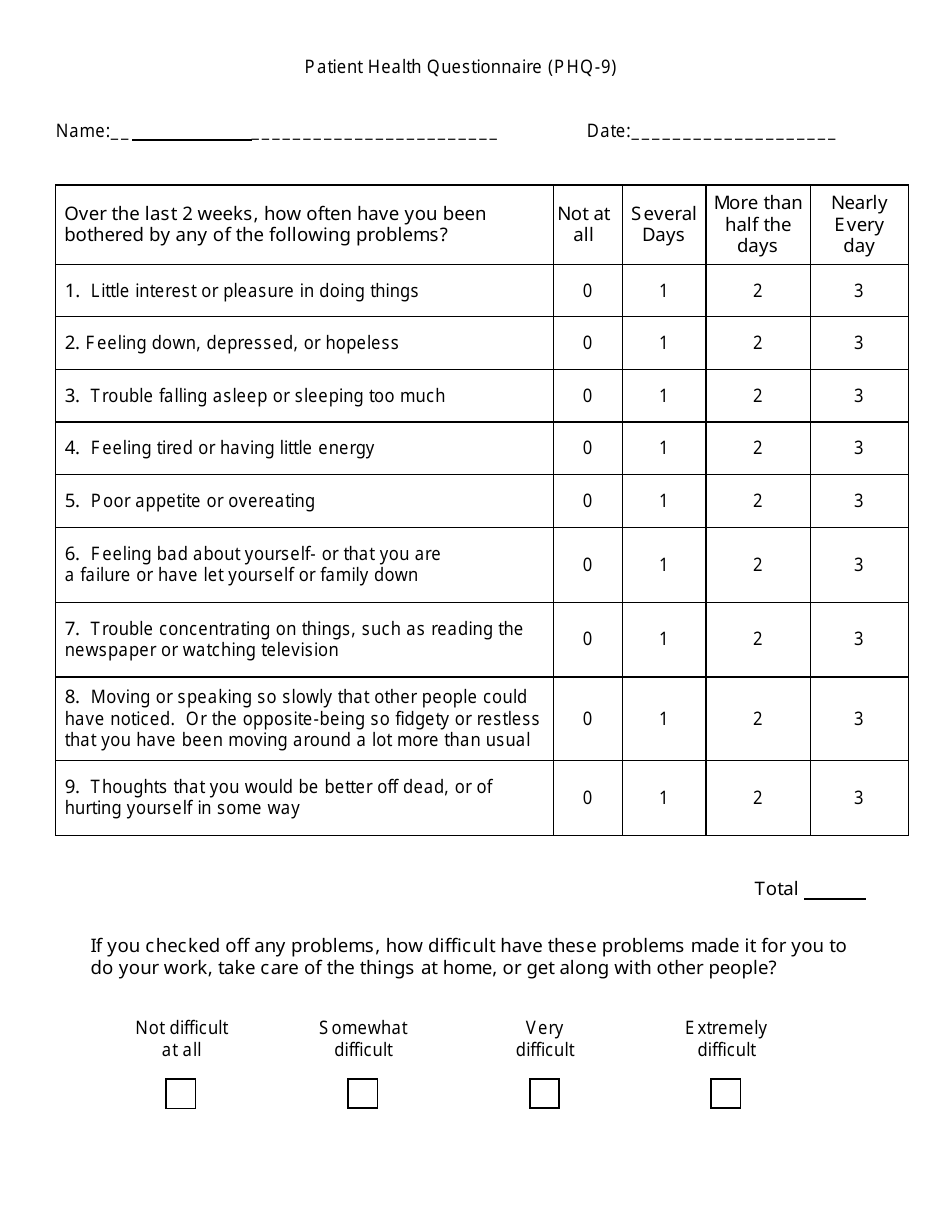 Patient Health Questionnaire (Phq-9) - Visn 4 Mirecc Download Fillable ...