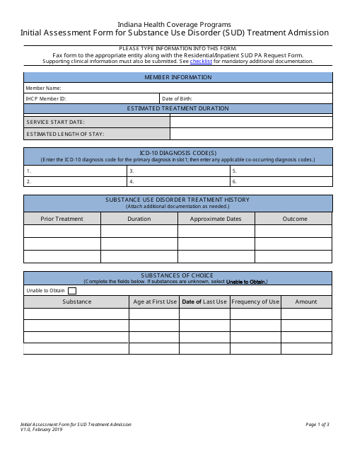 Initial Assessment Form for Substance Use Disorder (Sud) Treatment Admission - Indiana Health Coverage Programs - Indiana Download Pdf