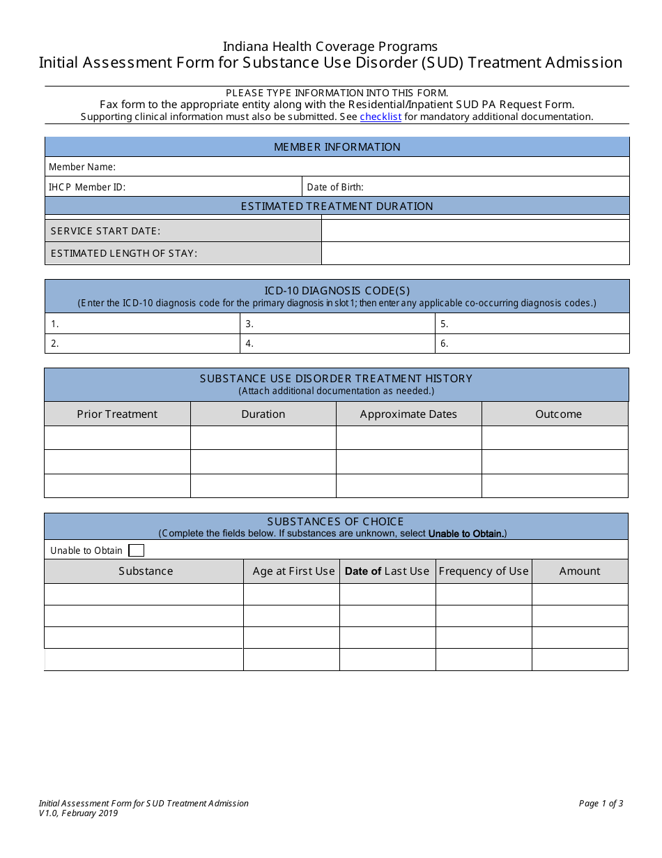 Indiana Initial Assessment Form for Substance Use Disorder (Sud