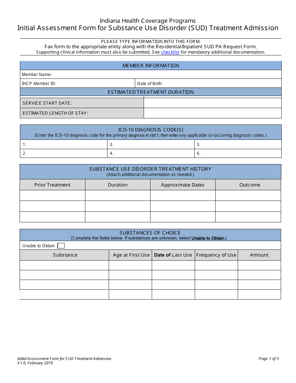 Initial Assessment Form for Substance Use Disorder (Sud) Treatment Admission - Indiana Health Coverage Programs - Indiana, Page 1