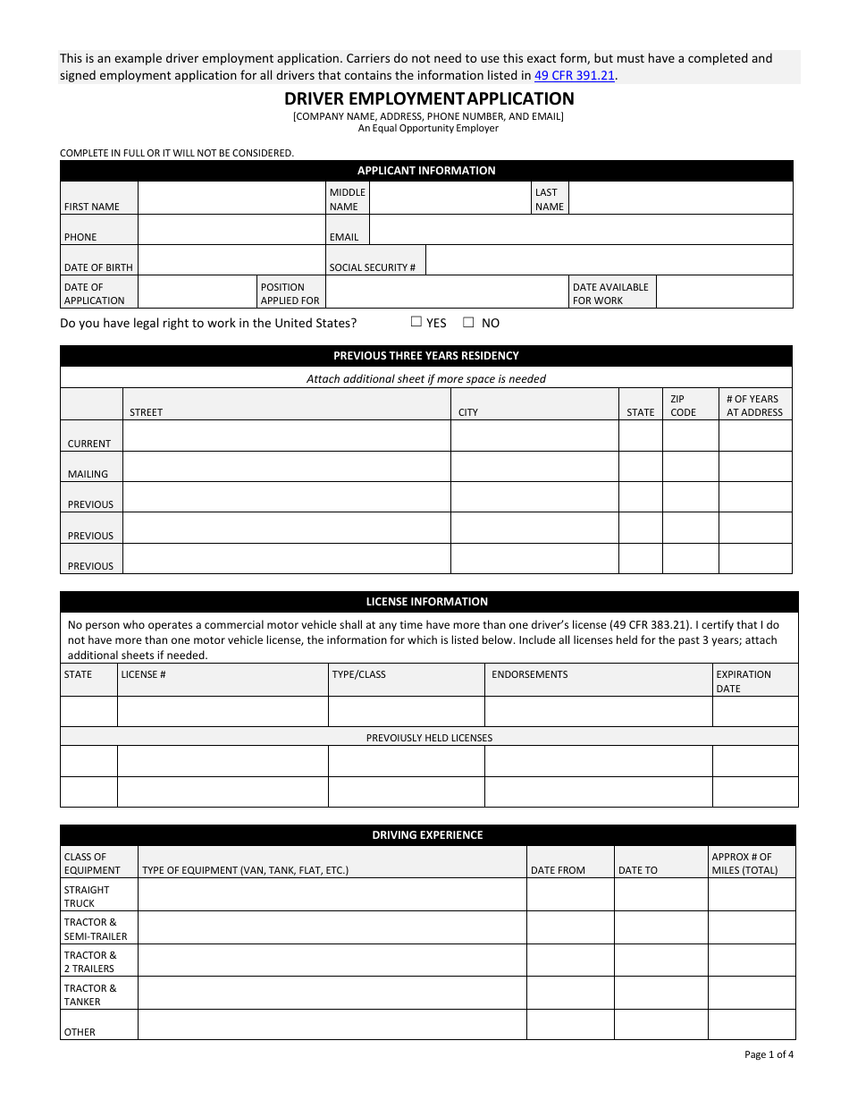 Driver Employment Application, Page 1