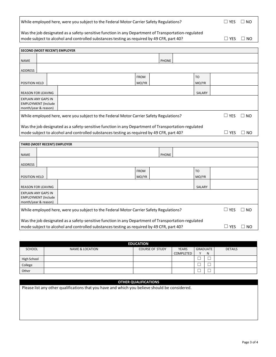 Driver Employment Application, Page 3
