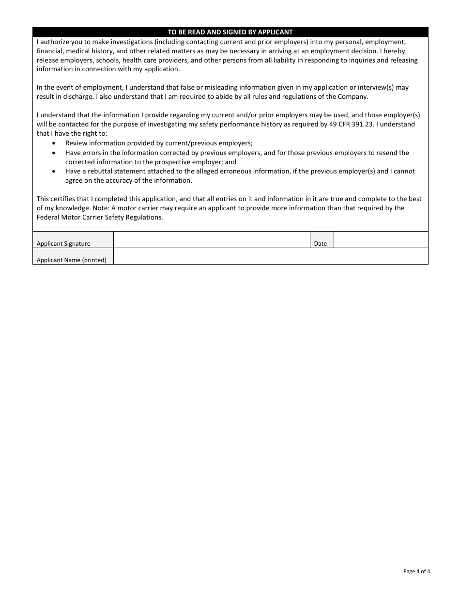 Driver Employment Application, Page 4