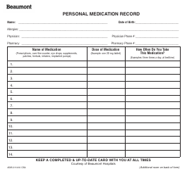 Personal Medication Record - Beaumont Hospitals