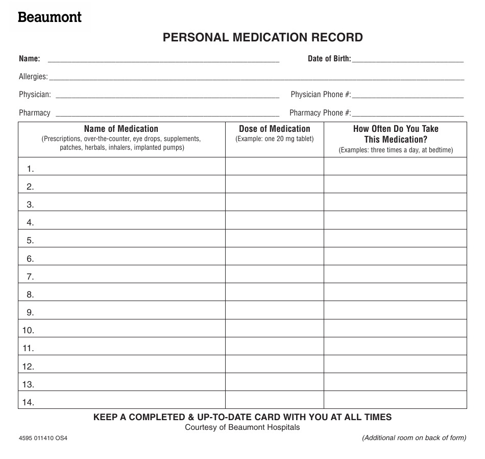 Personal Medication Record - Beaumont Hospitals Preview Image