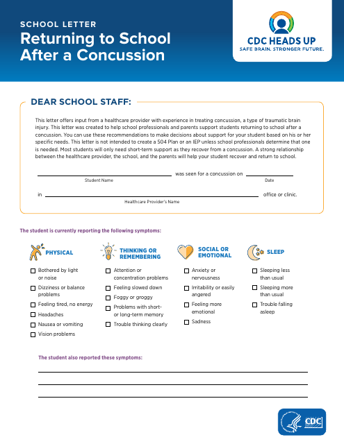 School Letter: Returning to School After a Concussion Download Pdf