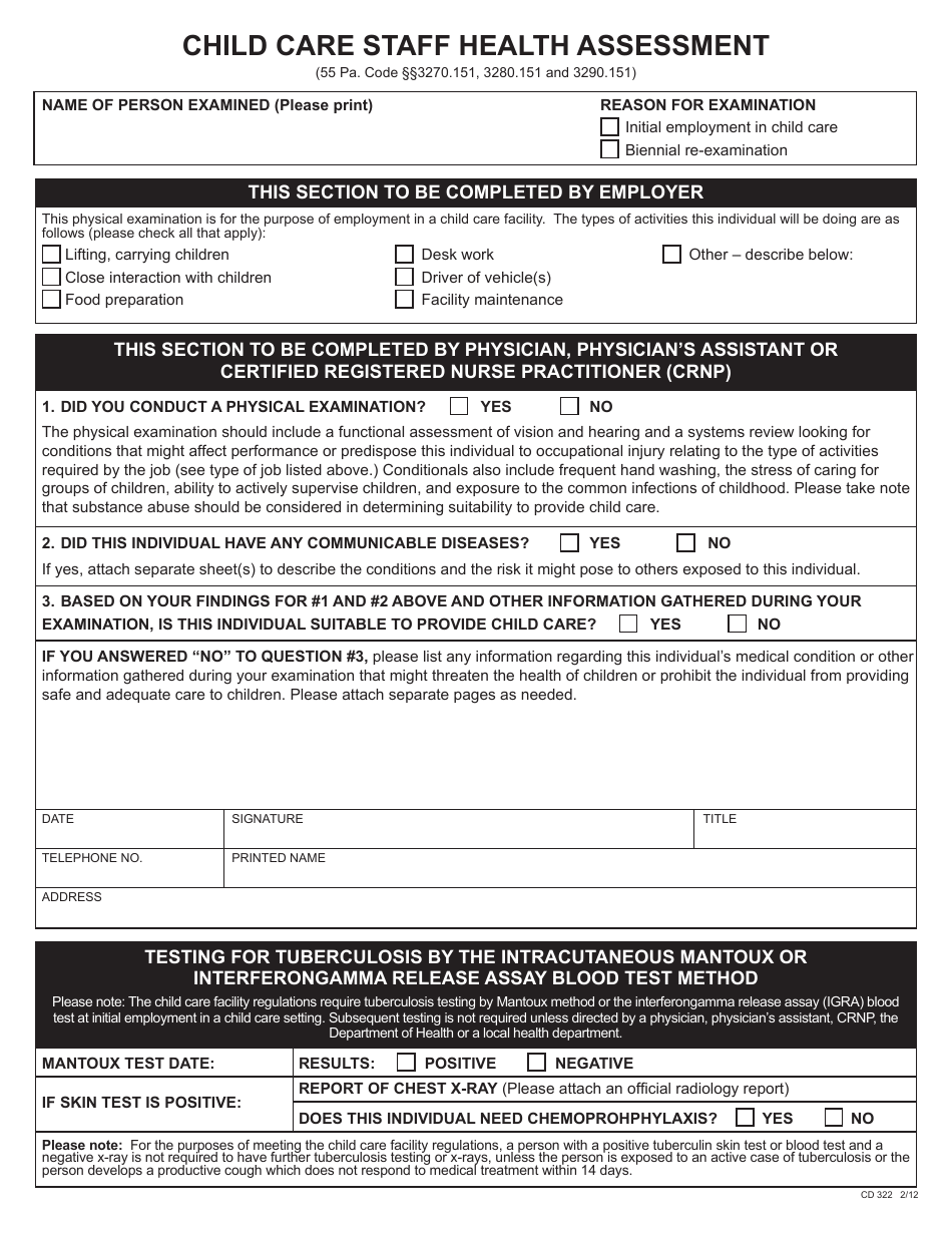 Form CD322 Child Care Staff Health Assessment - City of Allentown, Pennsylvania, Page 1