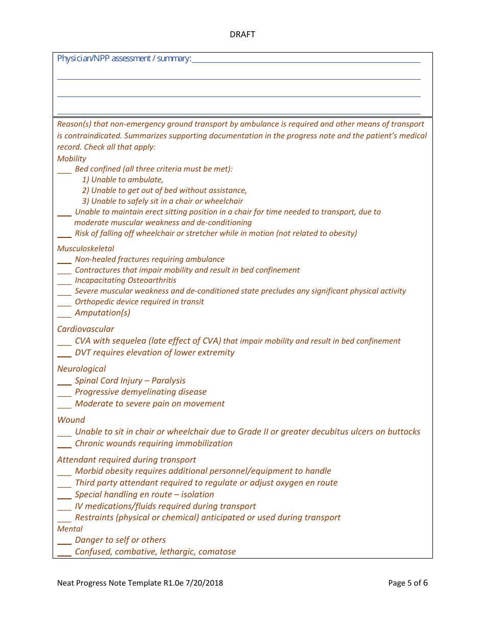 Non-emergency Ambulance Transportation Progress Note Template, Page 10