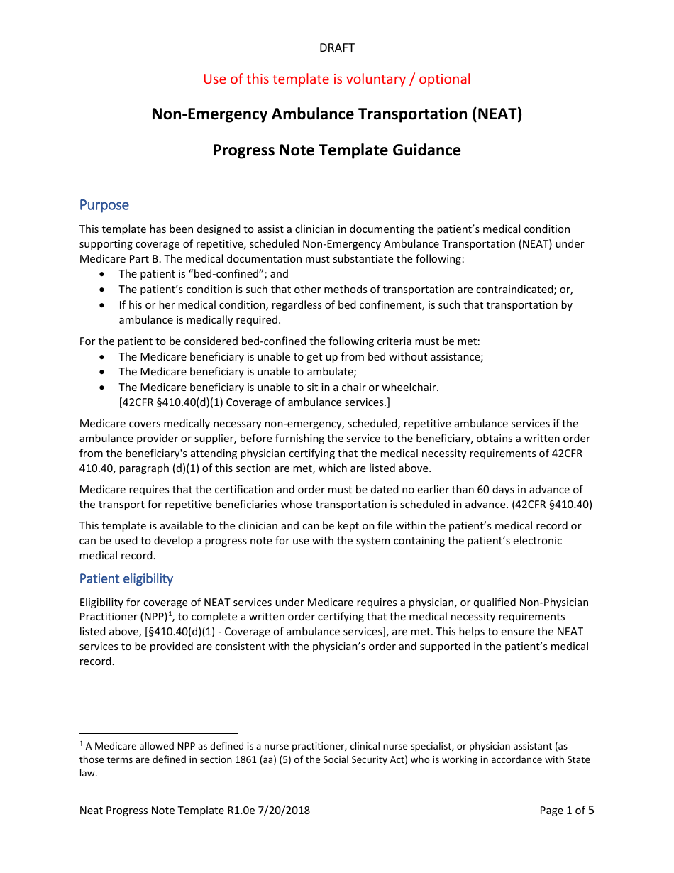Non-emergency Ambulance Transportation Progress Note Template, Page 1